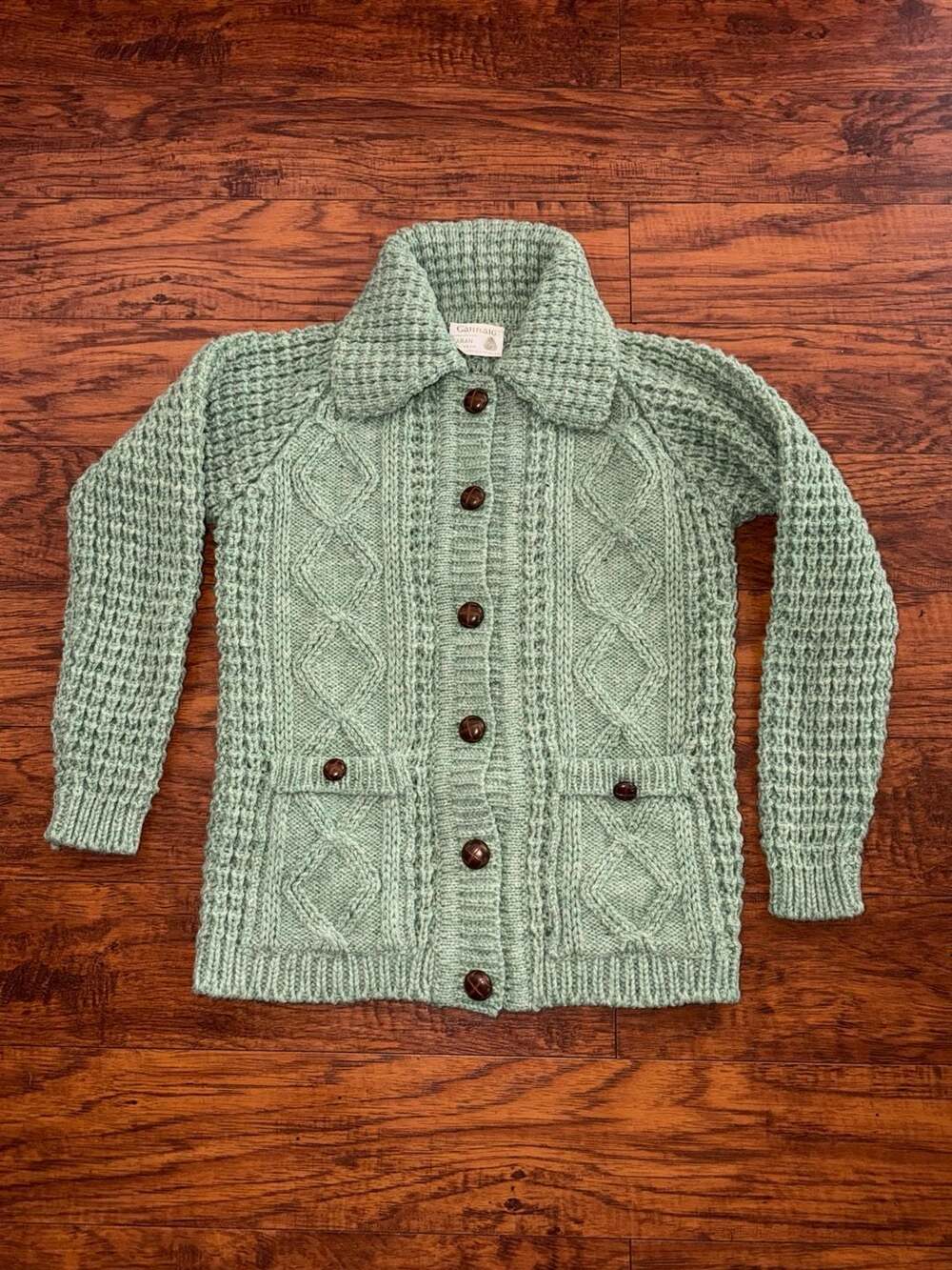 Garraig Danach Green Aran Knit Collared Cardigan Sweater with Pockets Size 36